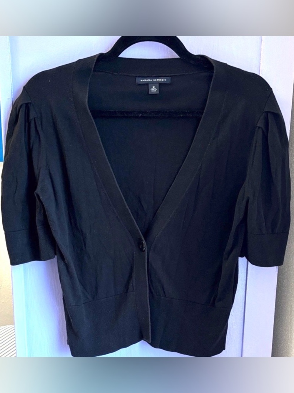 Banana Republic Black Button Down sweater Cardigan Crop Cardi half sleeve puffed